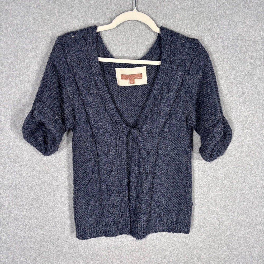 Kaisely Artsy Wool Alpaca Cardigan Sweater Medium Blue Cable Knit One Button